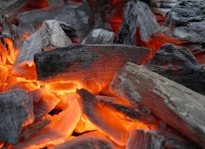 Hickory coals glowing in the Green Top pit